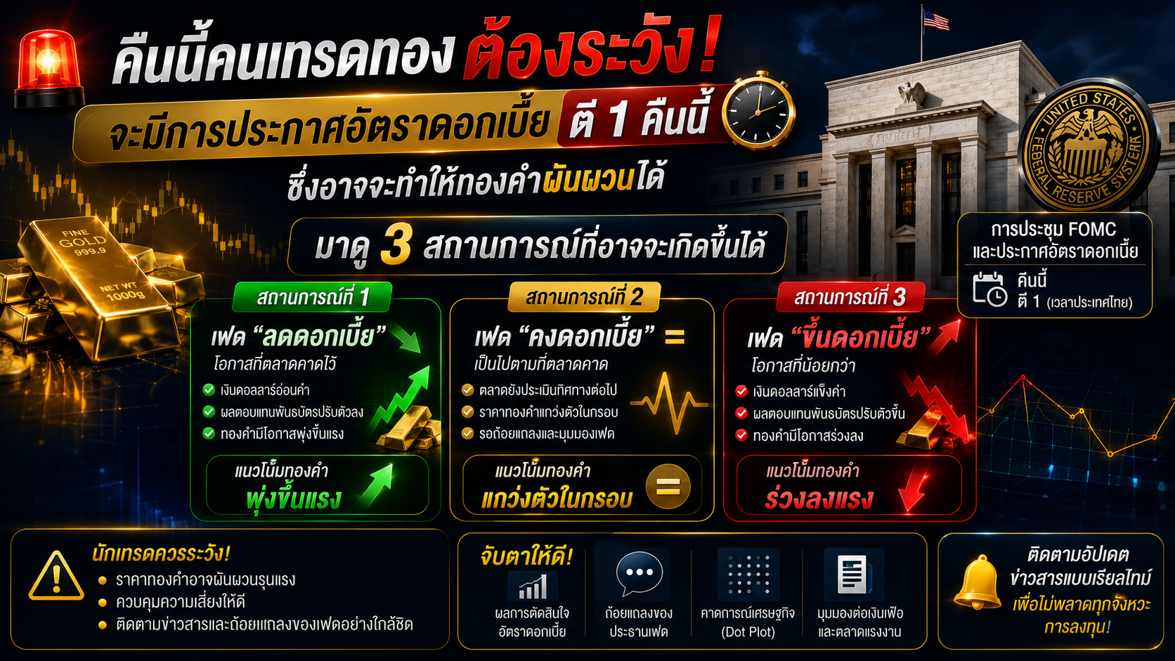 คืนนี้คนเทรดทอง ต้องระวัง จะมีการประกาศอัตราดอกเบี้ย ตี1 คืนนี้ ซึ่งอาจจะทำให้ทองคำผันผวนได้ มาดู 3 สถานการณ์ที่อาจจะเกิดขึ้นได้